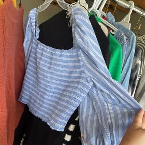 Cropped off the shoulder, striped blouse with floral embroidery